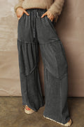 Women's black mineral wash tiered wide-leg drawstring pants