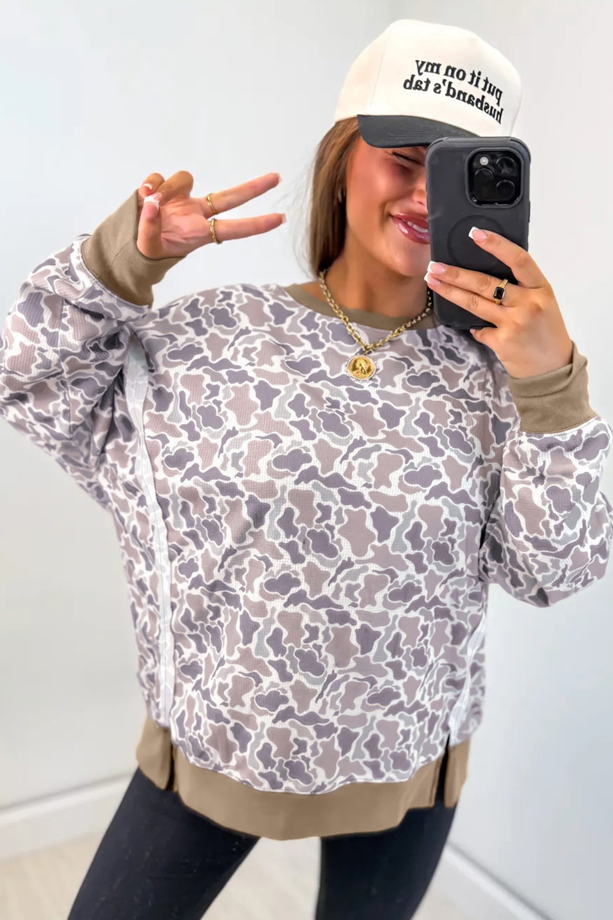 Khaki Camouflage Print Textured Knit Color Block Trim Long Sleeve Top Dear-Lover Dropshipping
