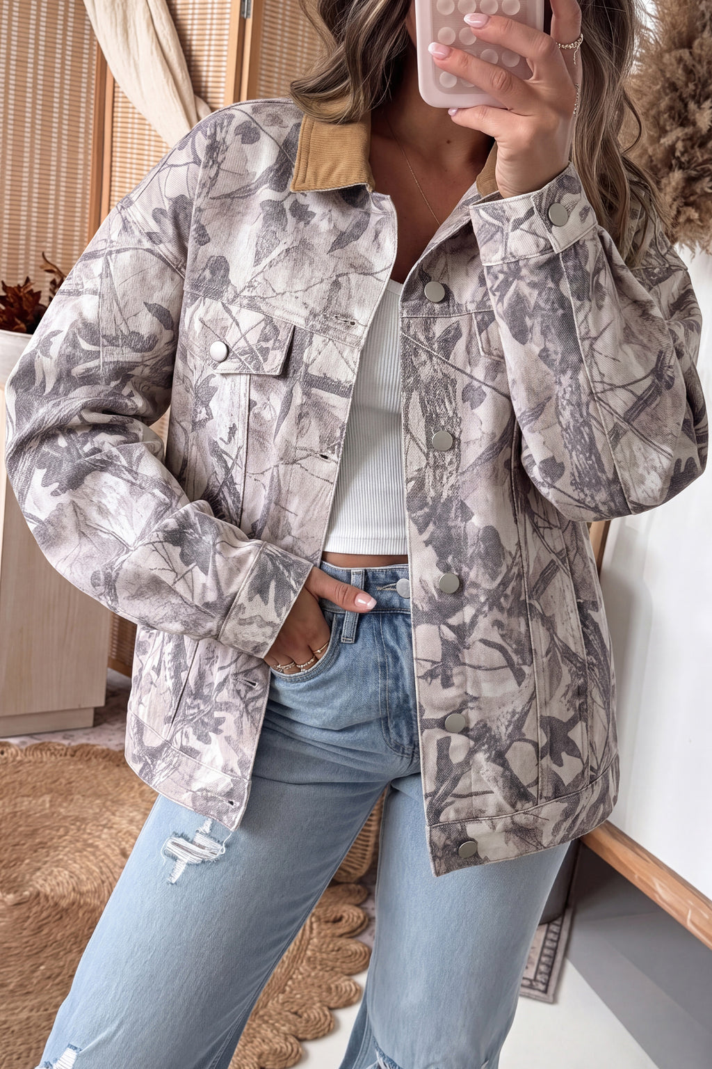 Gray Abstract Camo Print Colorblock Collar Oversized Shift Silhouette Denim Jacket Dear-Lover Dropshipping