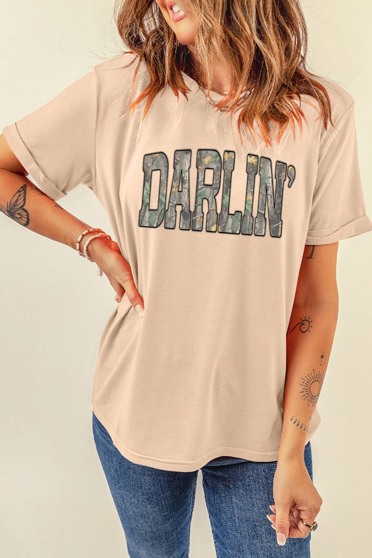 Khaki Darlin Camo Letter Print Crewneck T Shirt
