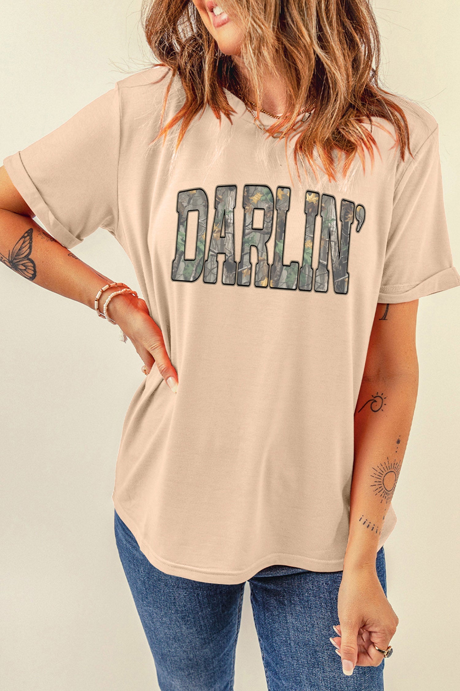 Khaki Darlin Camo Letter Print Crewneck T Shirt