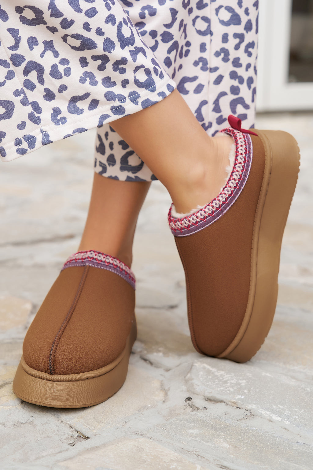 Black plush platform slippers, view 4