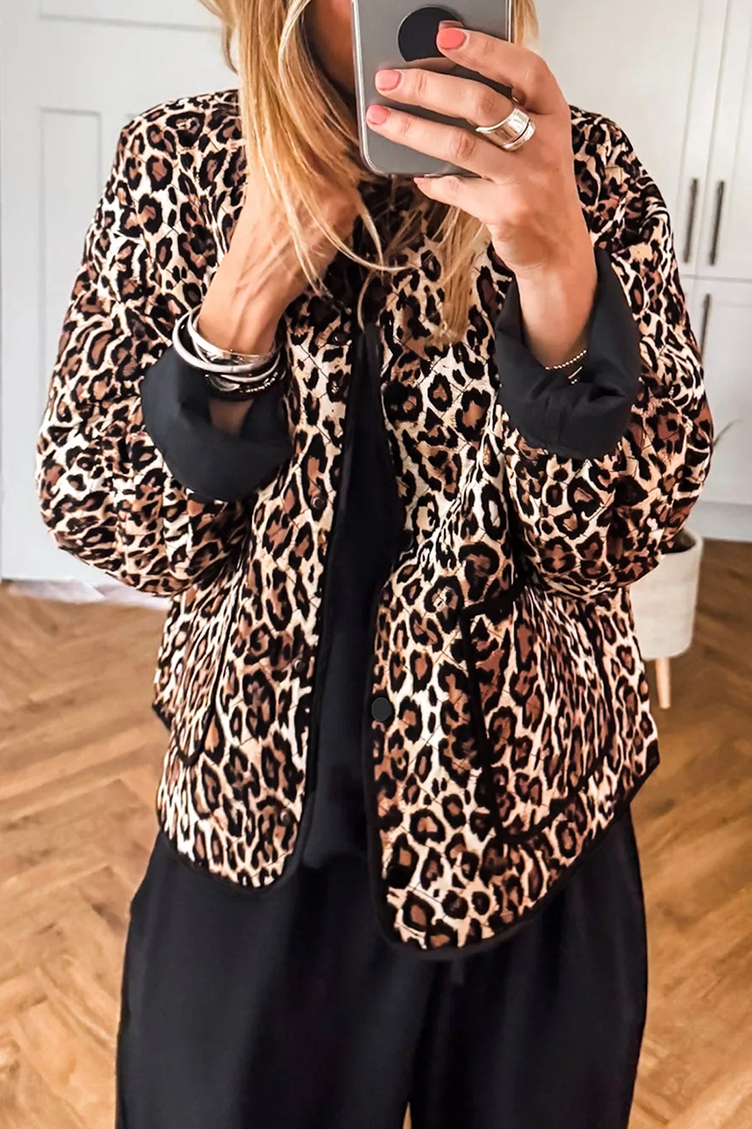 Brown Leopard Print Quilted Button Front Patch Pockets Jacket - Mirror Selfie Fit Check
