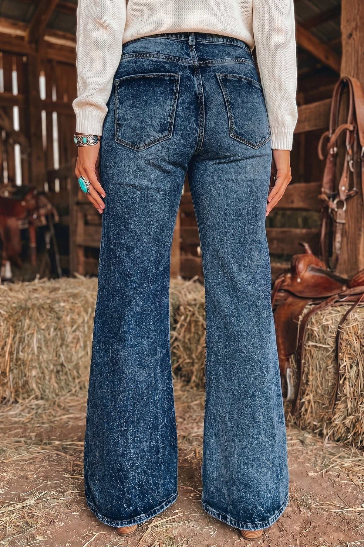 Blue acid wash flare jeans, view 23