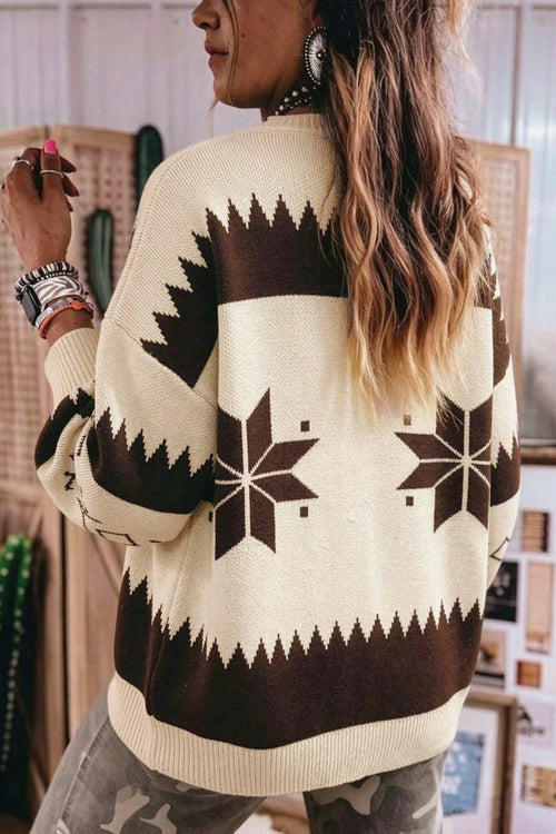 Beige Western Geometric Print Zip Front Loose Sweater Cardigan Dear-Lover Dropshipping