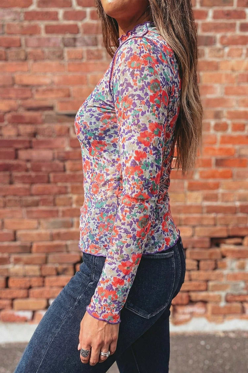 Smoke gray floral mesh top, view 11