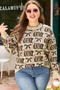 Plus size brown checkered sweater with horseshoe print and bow detail