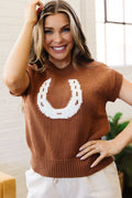 Women's chestnut short sleeve knit sweater with western horseshoe pattern