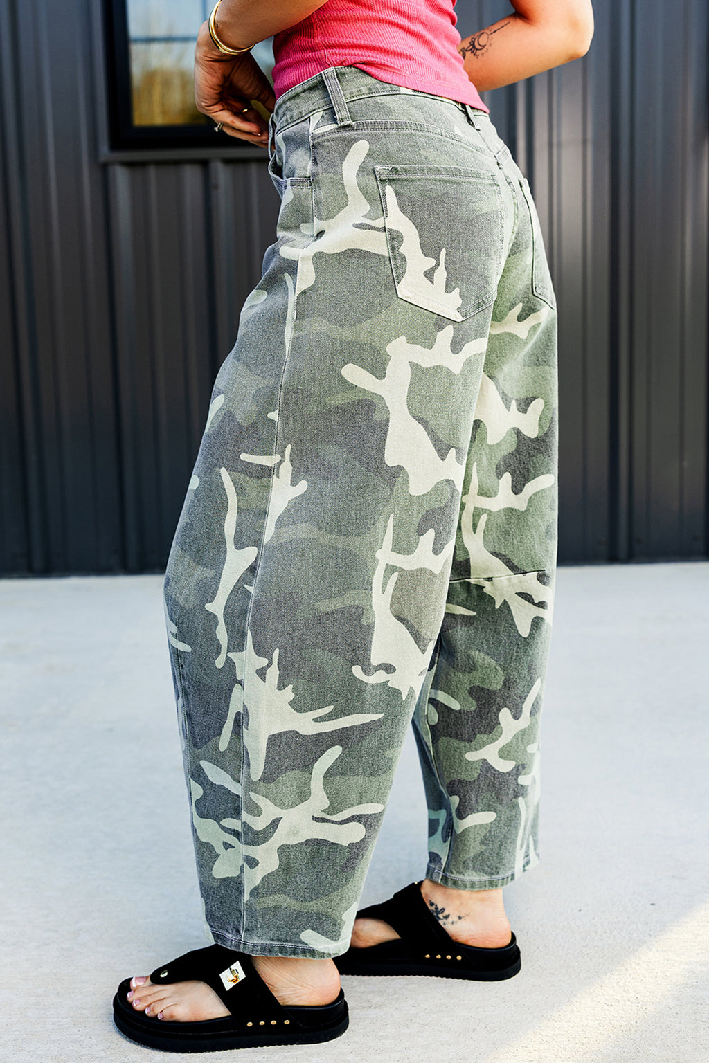 Green camo straight leg jeans, view 3