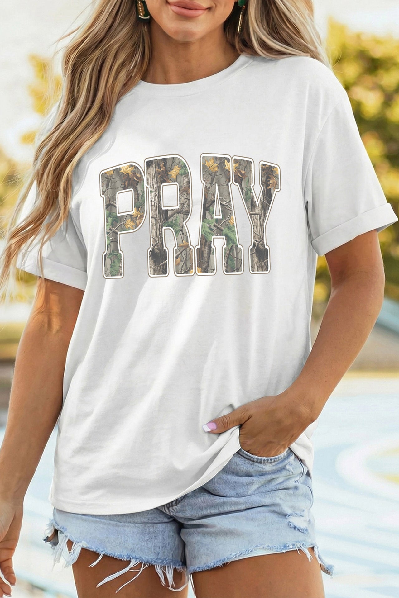 White PRAY camo letter print t-shirt model front view