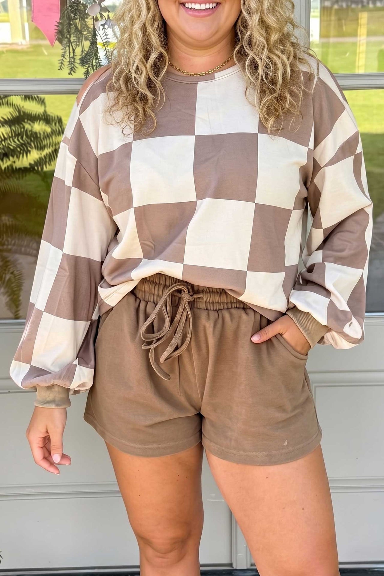 Plus Size Khaki Checkered cold shoulder loungewear original view