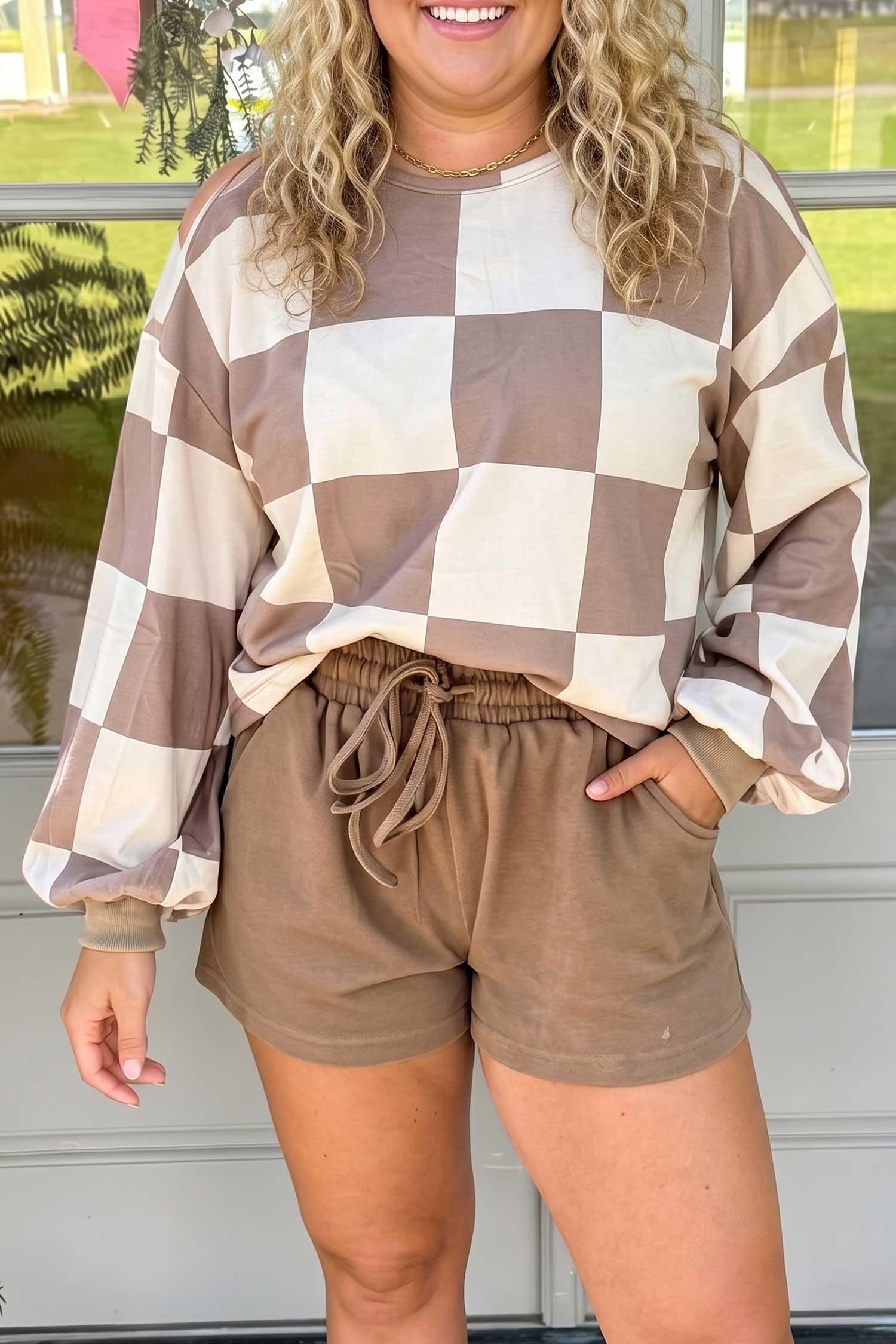 Plus Size Khaki Checkered cold shoulder loungewear original view