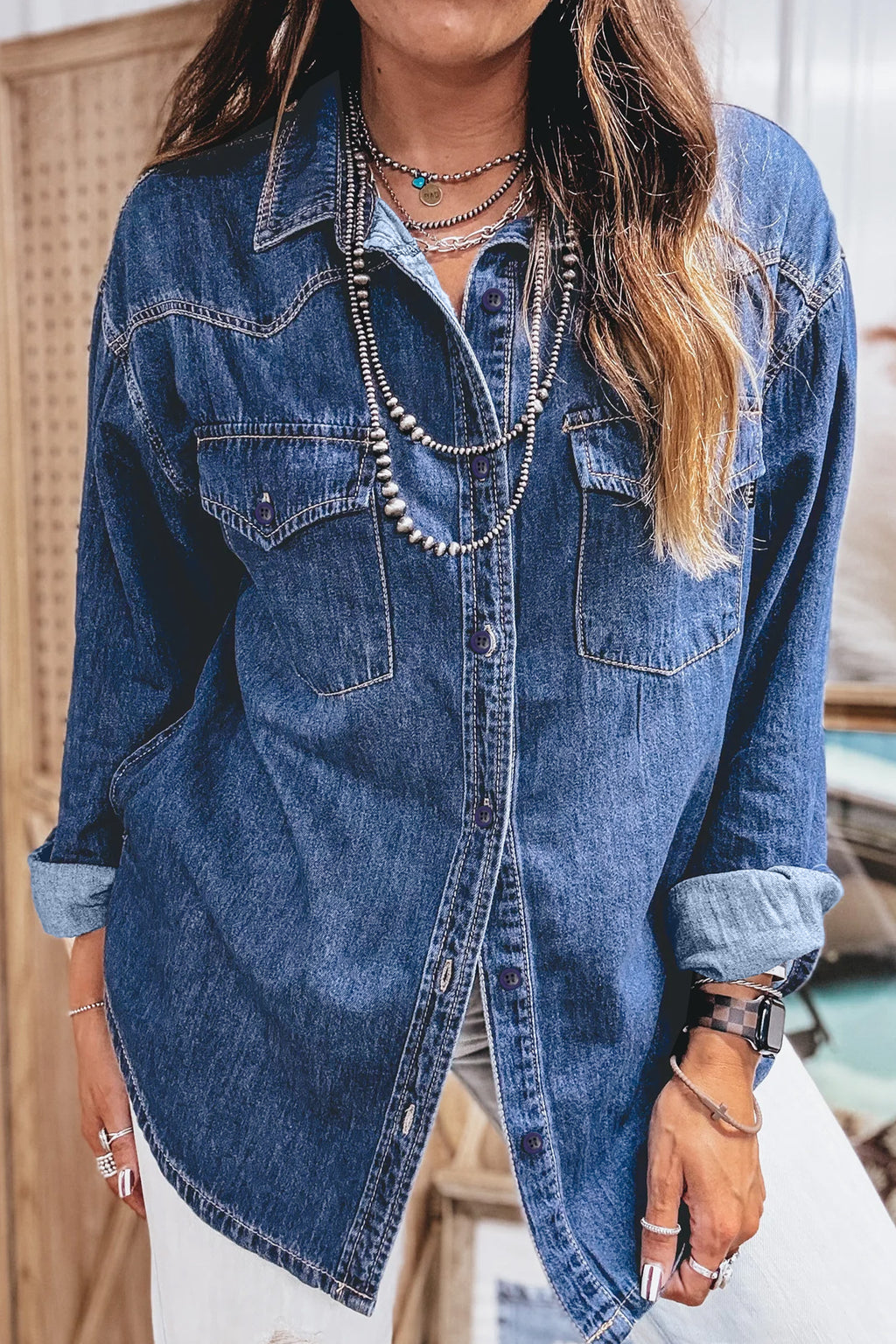 Sail blue tunic denim shirt, view 5