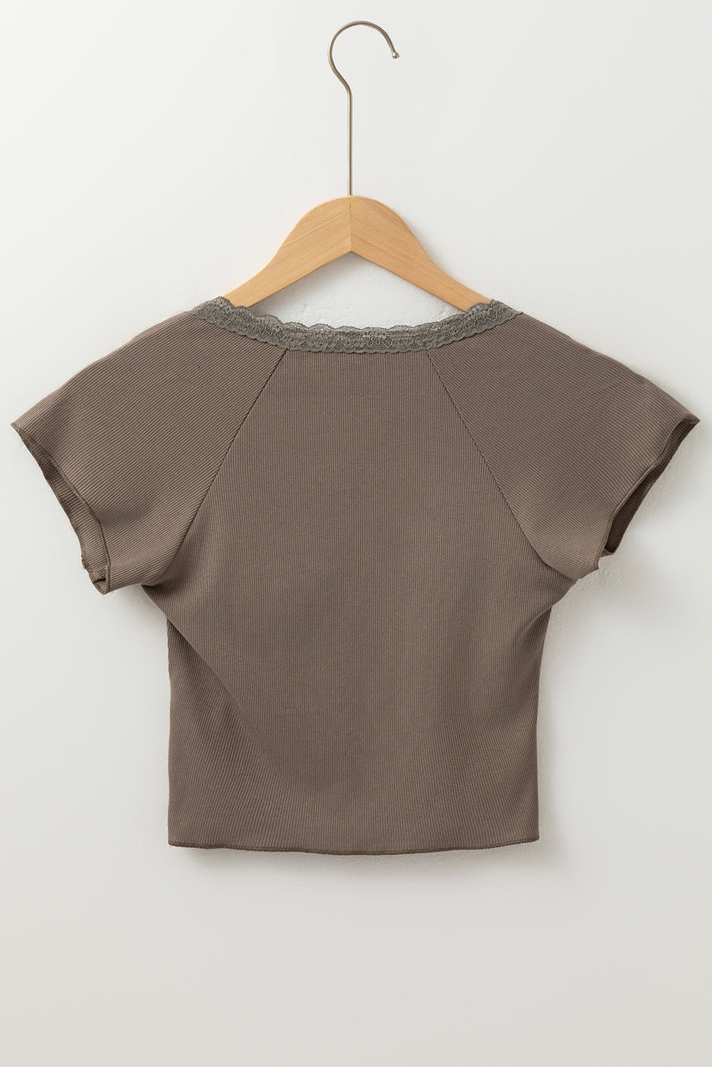Brown Lace Trim Criss Cross V-Neck Top