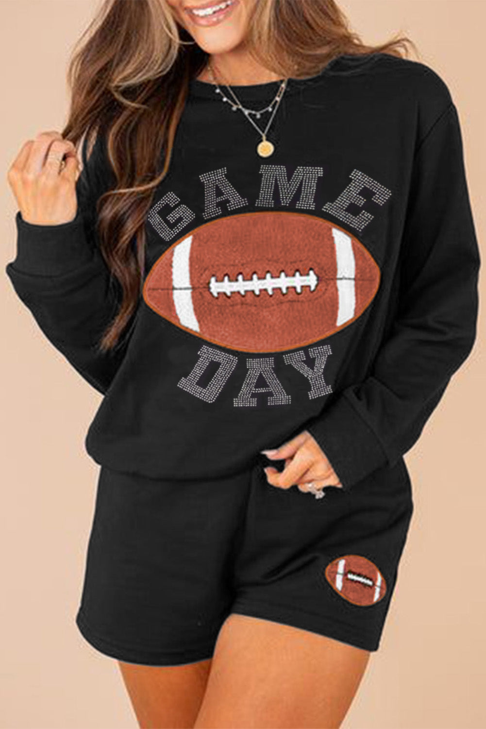 Women's black GAME DAY graphic pullover and shorts set