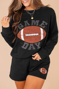 Women's black GAME DAY graphic pullover and shorts set