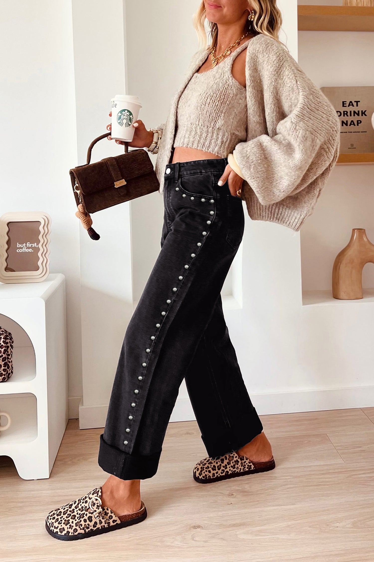 Black Studded Straight Leg Jeans | Casual Fit