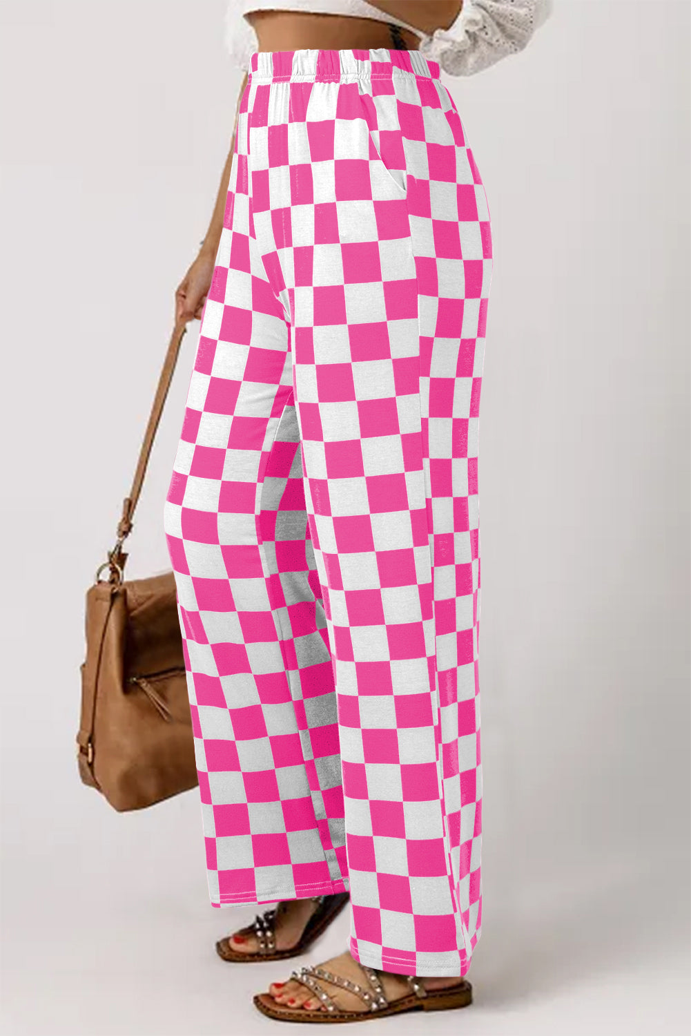 Pink checked wide leg pants, view 3
