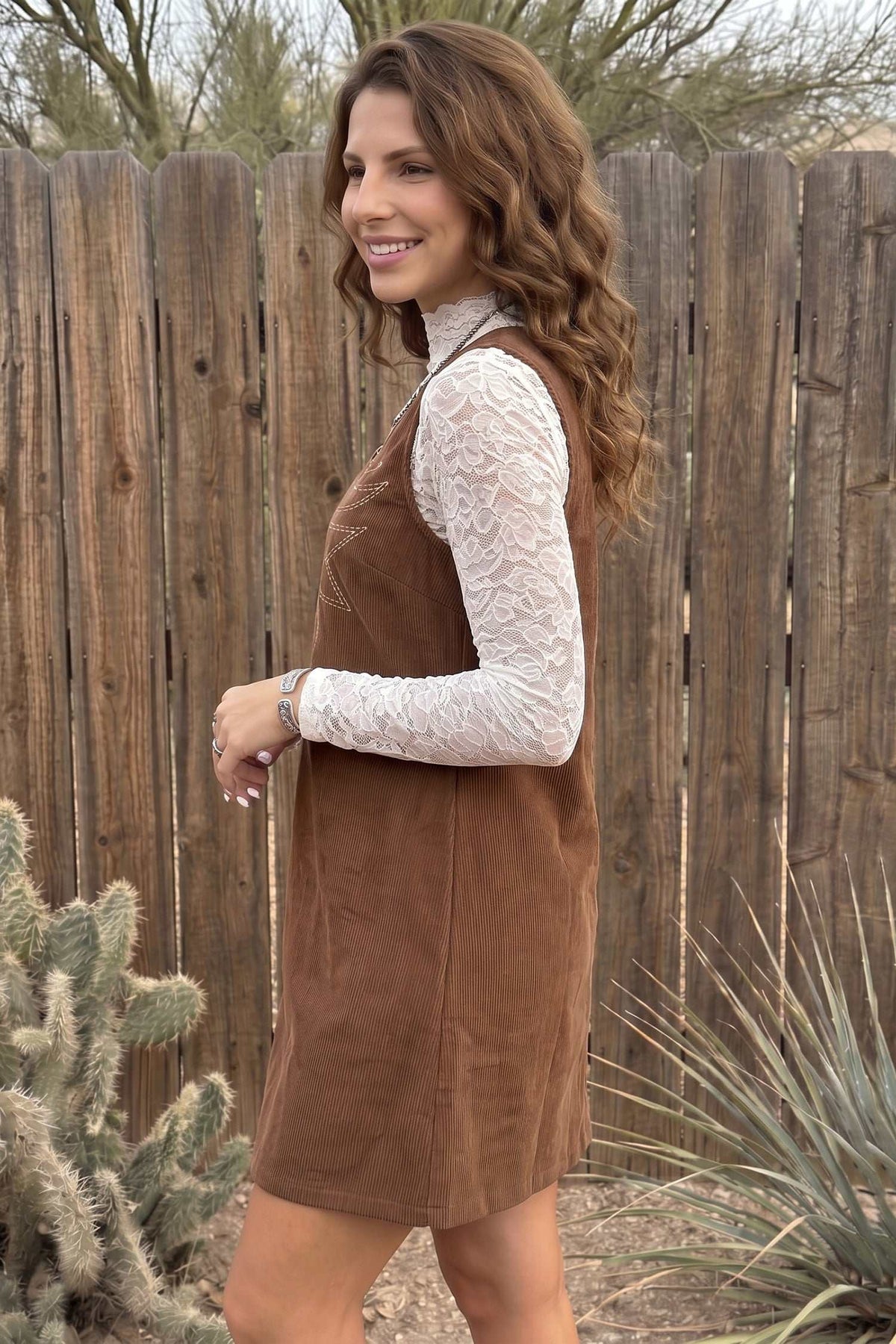 Women's coffee brown sleeveless corduroy shift dress with geometric embroidery