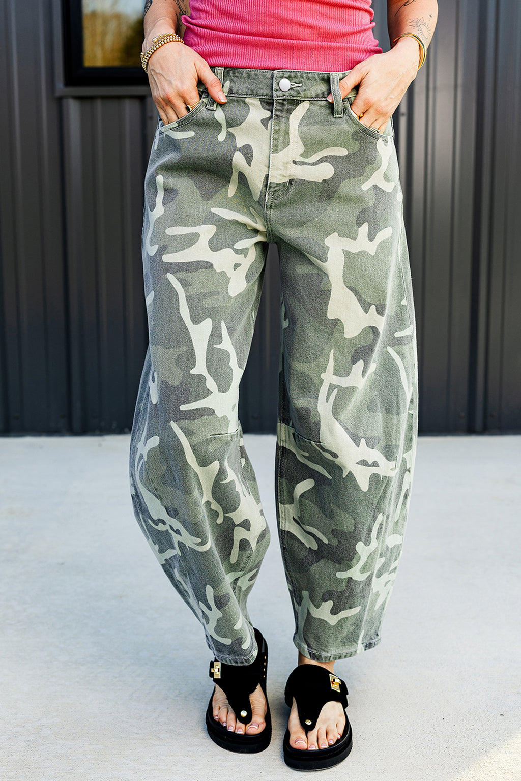 Women's green camo straight-leg ankle jeans with button fly