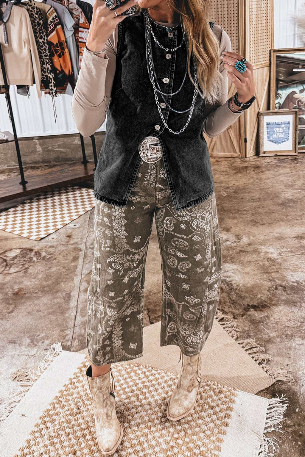 Black button front denim vest, view 3