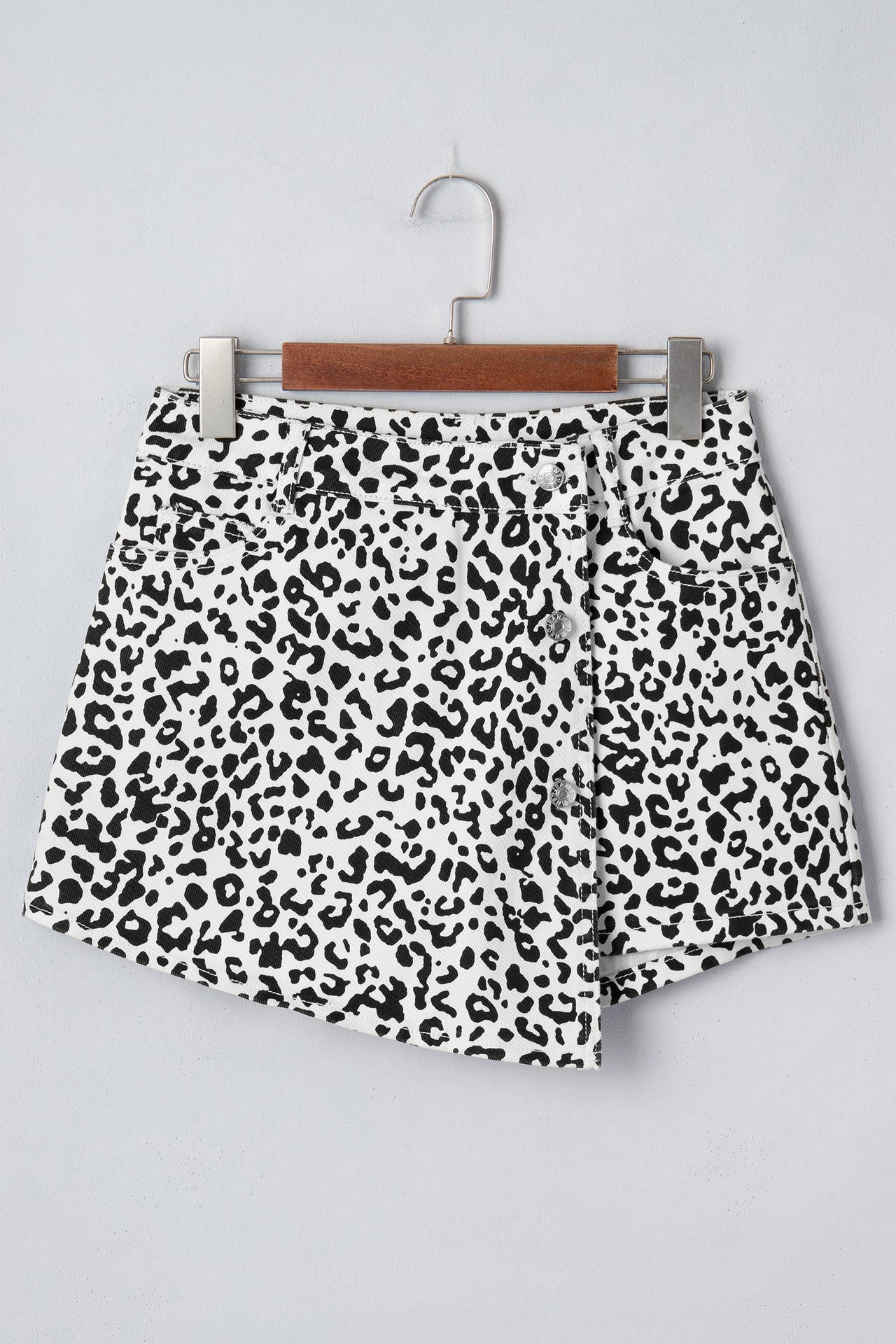 Black Leopard Print Button Overlap Denim Shorts