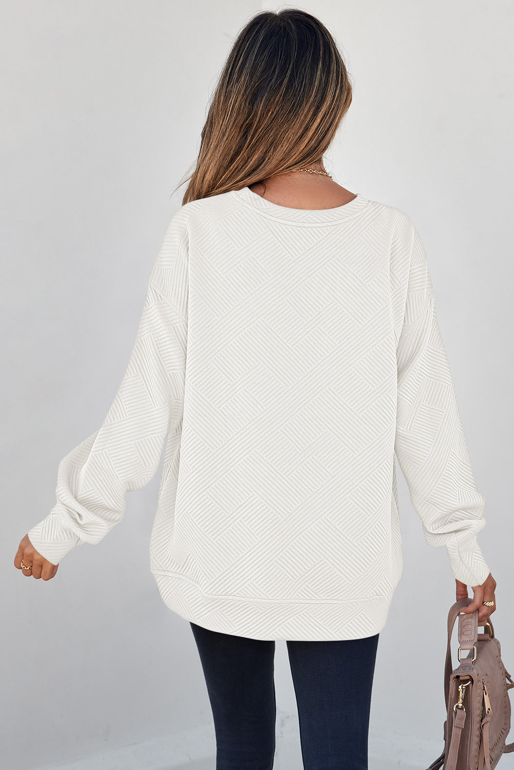 Coffee Solid Color Textured Round Neck Drop Shoulder Pullover Sweatshirt