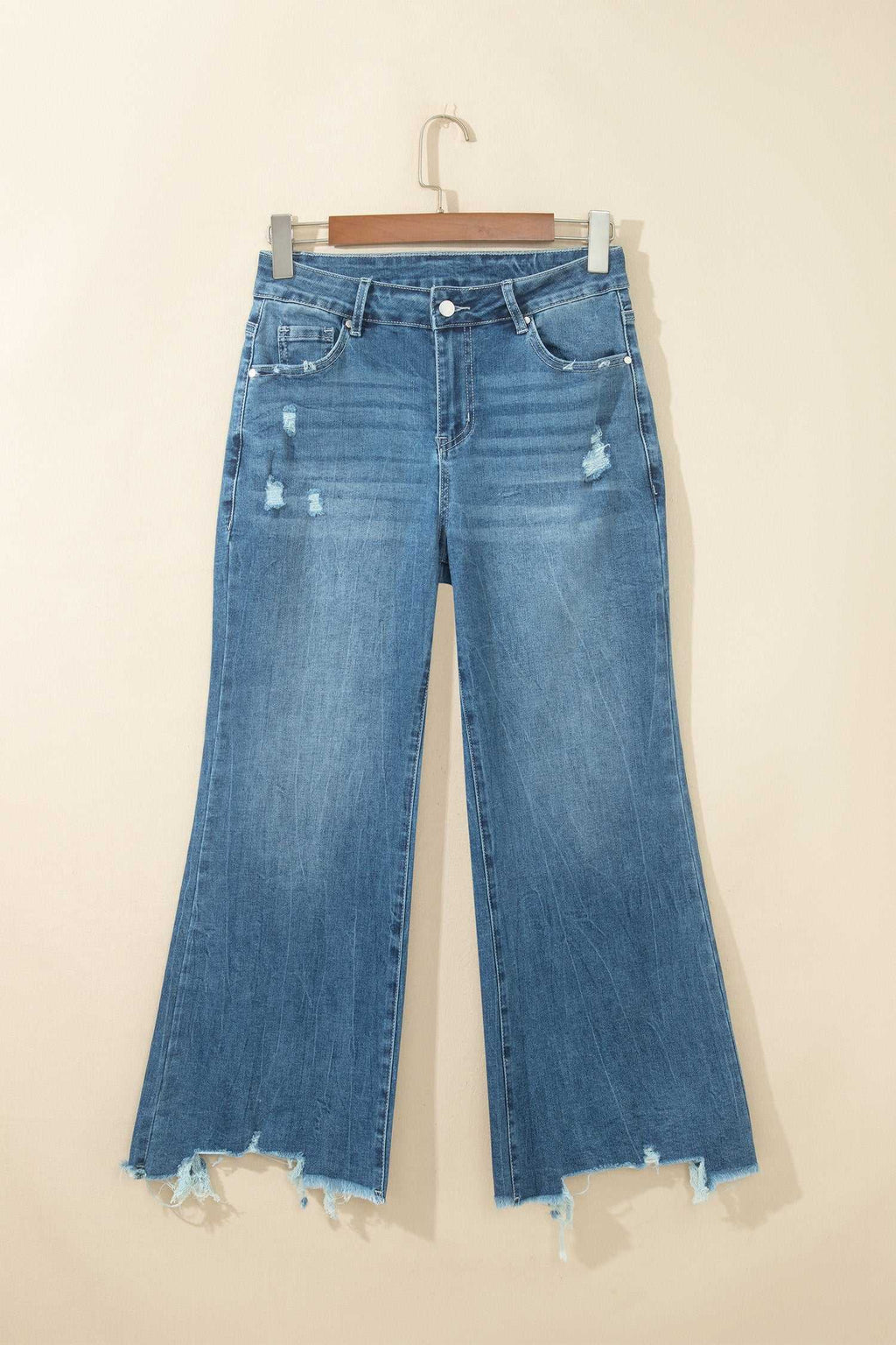 Blue frayed hem flare jeans, view 9
