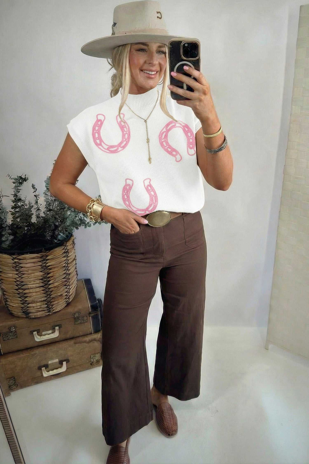 White horseshoe knit sweater, view 3
