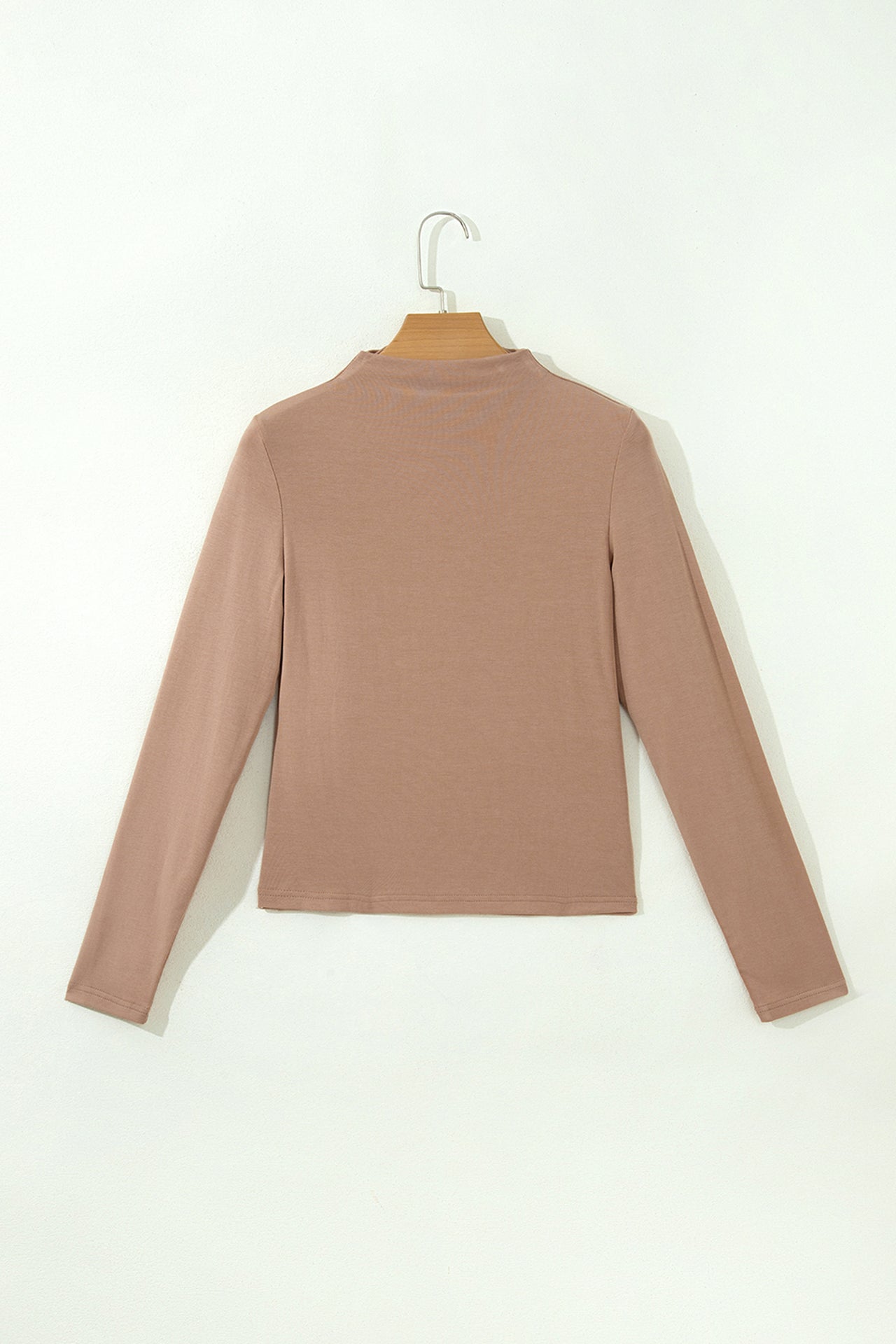 Straw Yellow Solid Color Ribbed High Neck Long Sleeve Sheath Top
