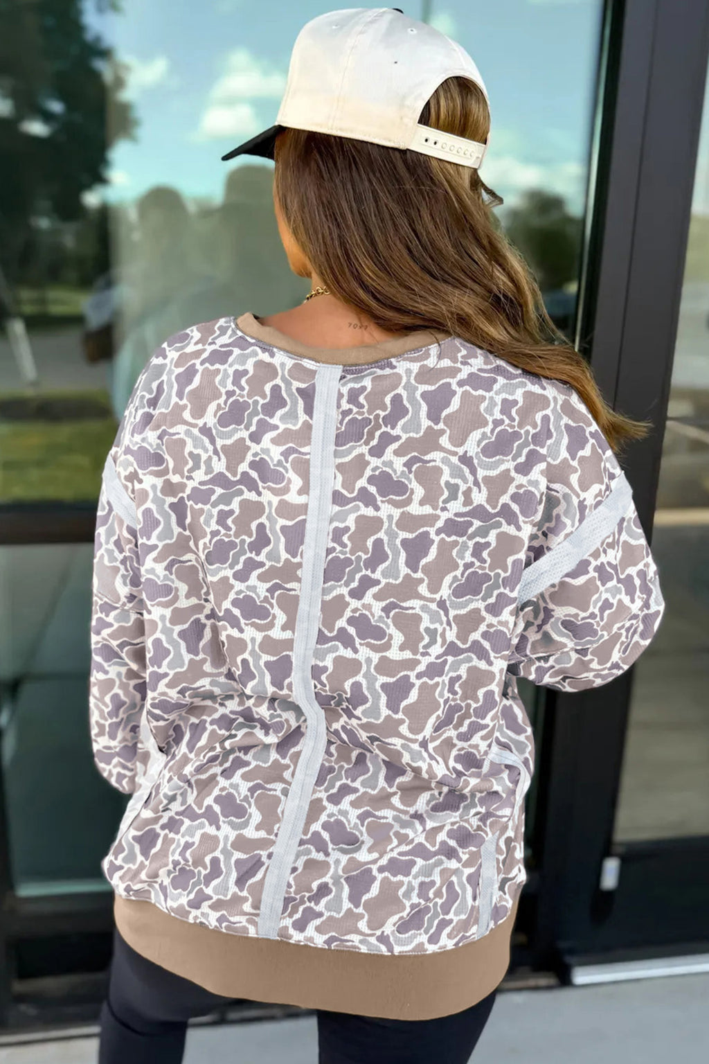 Khaki Camouflage Print Textured Knit Color Block Trim Long Sleeve Top Dear-Lover Dropshipping