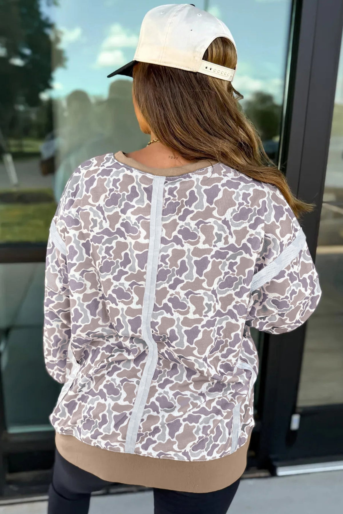 Khaki Camouflage Print Textured Knit Color Block Trim Long Sleeve Top Dear-Lover Dropshipping