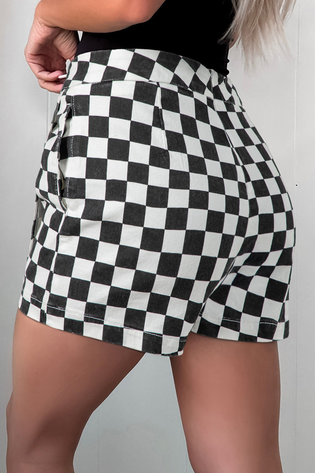 Black checkered denim shorts, alternate view
