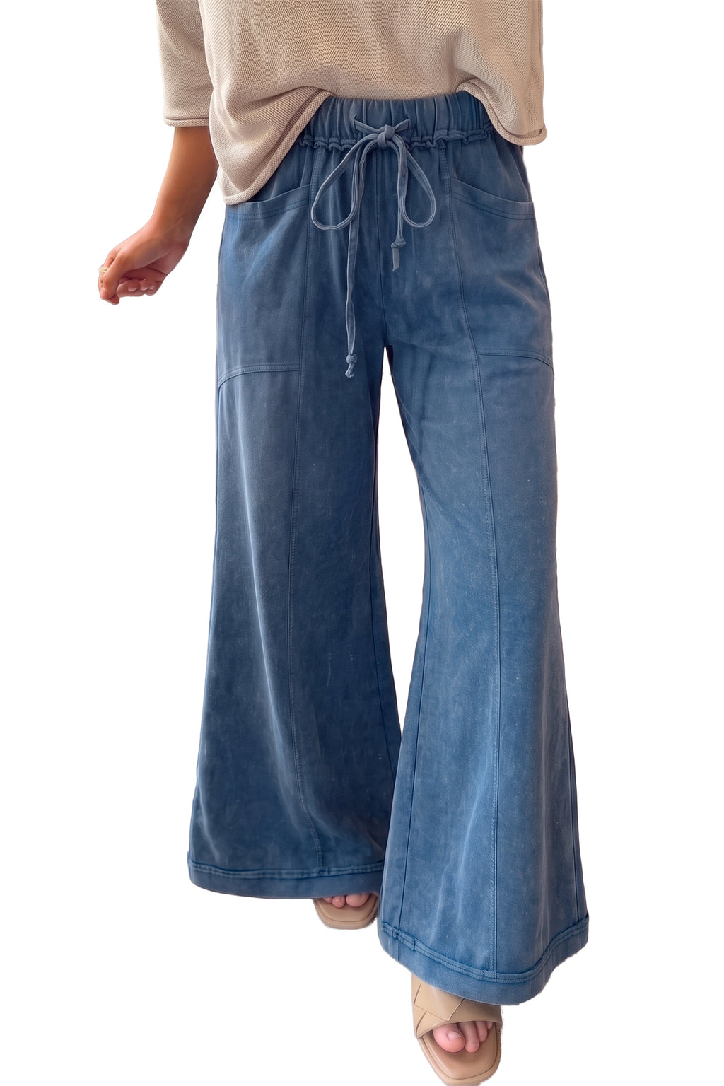 Blue mineral wash flare pants, view 12