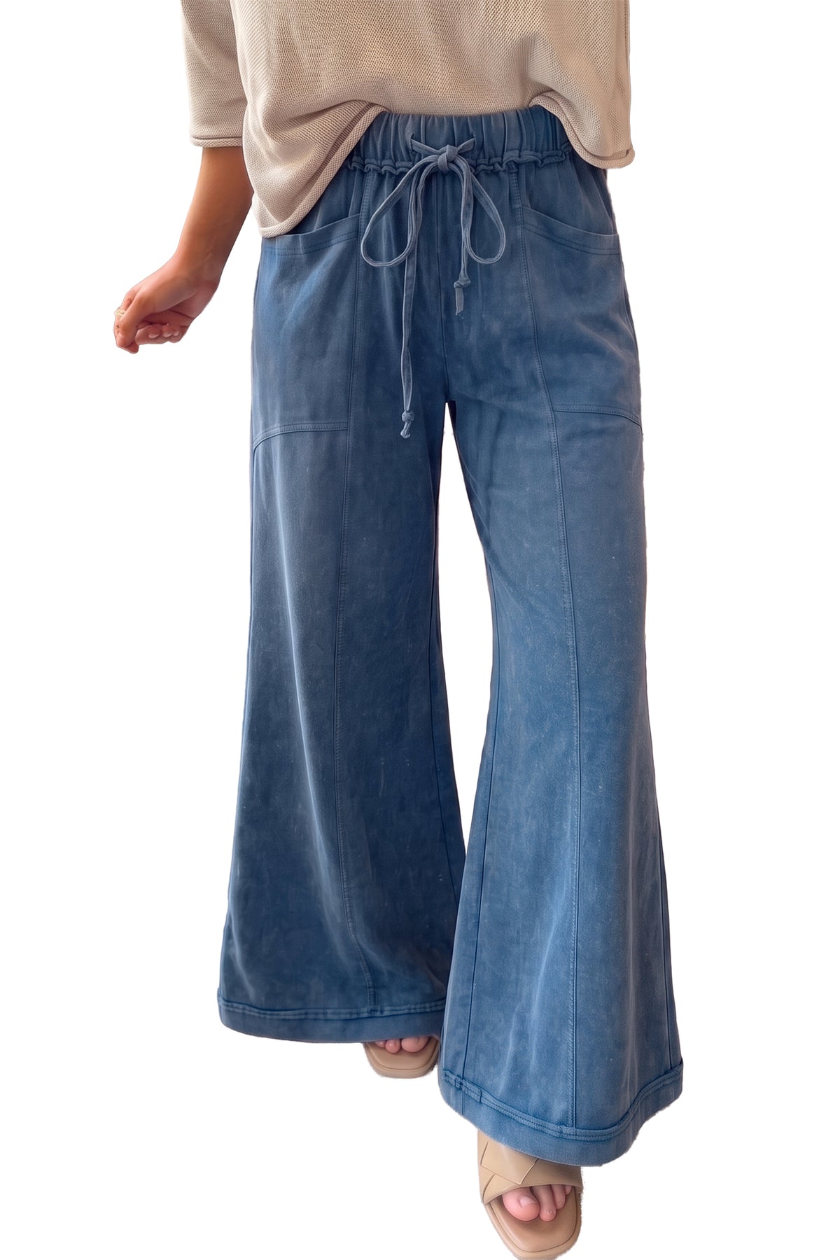 Blue mineral wash flare pants, view 12
