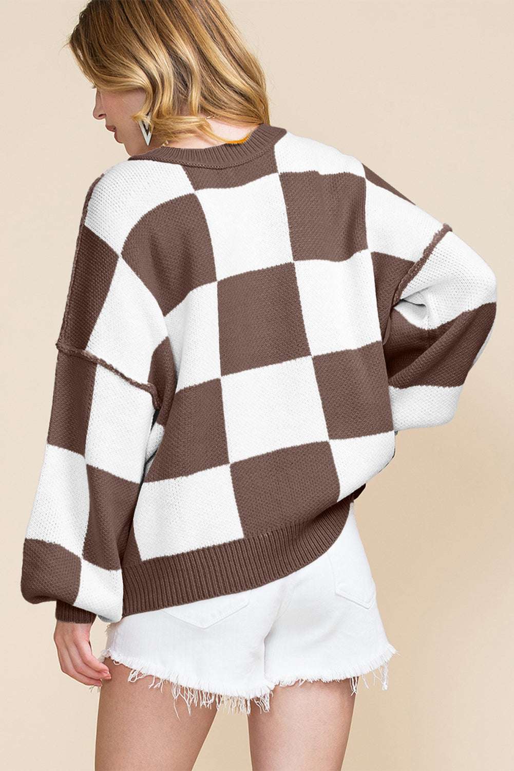 Black checkered bishop sleeve sweater, view 22