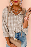 Khaki Checkered Print Loose Fit Buttoned Hooded Shacket Dear-Lover Dropshipping