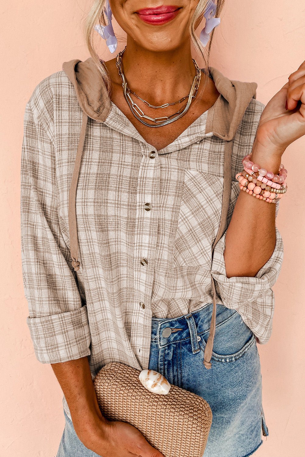Khaki Checkered Print Loose Fit Buttoned Hooded Shacket Dear-Lover Dropshipping