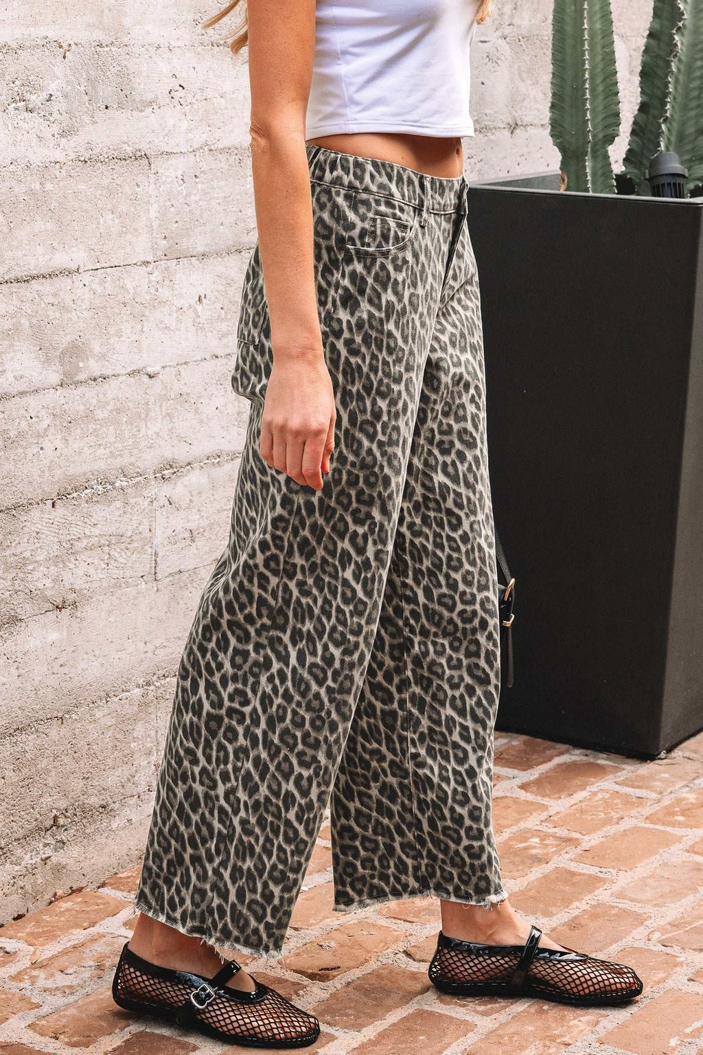 Yellow leopard loose leg jeans, view 3