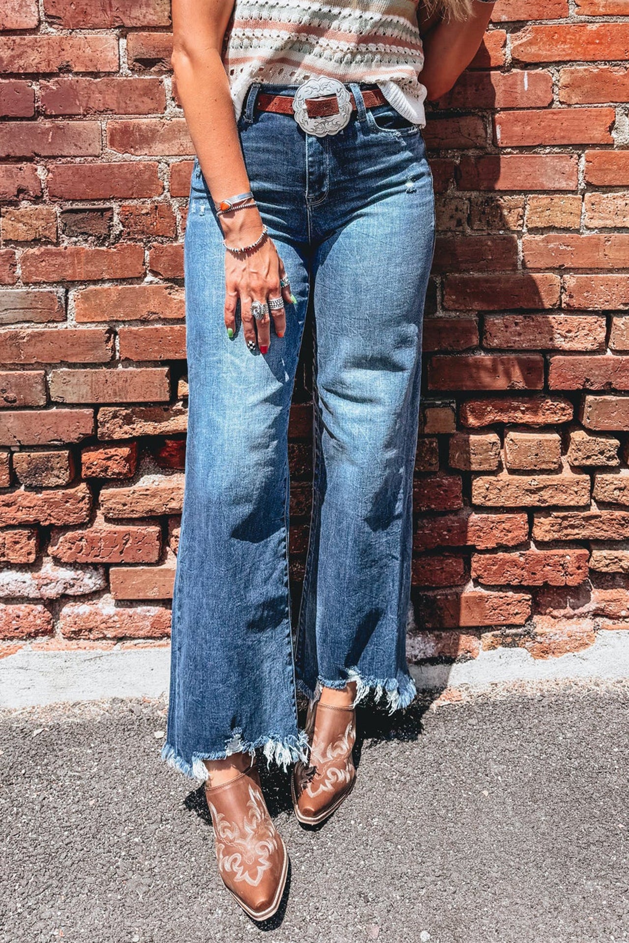 Ashleigh Blue high-waist flare jeans with frayed hems at ankle in classic denim style