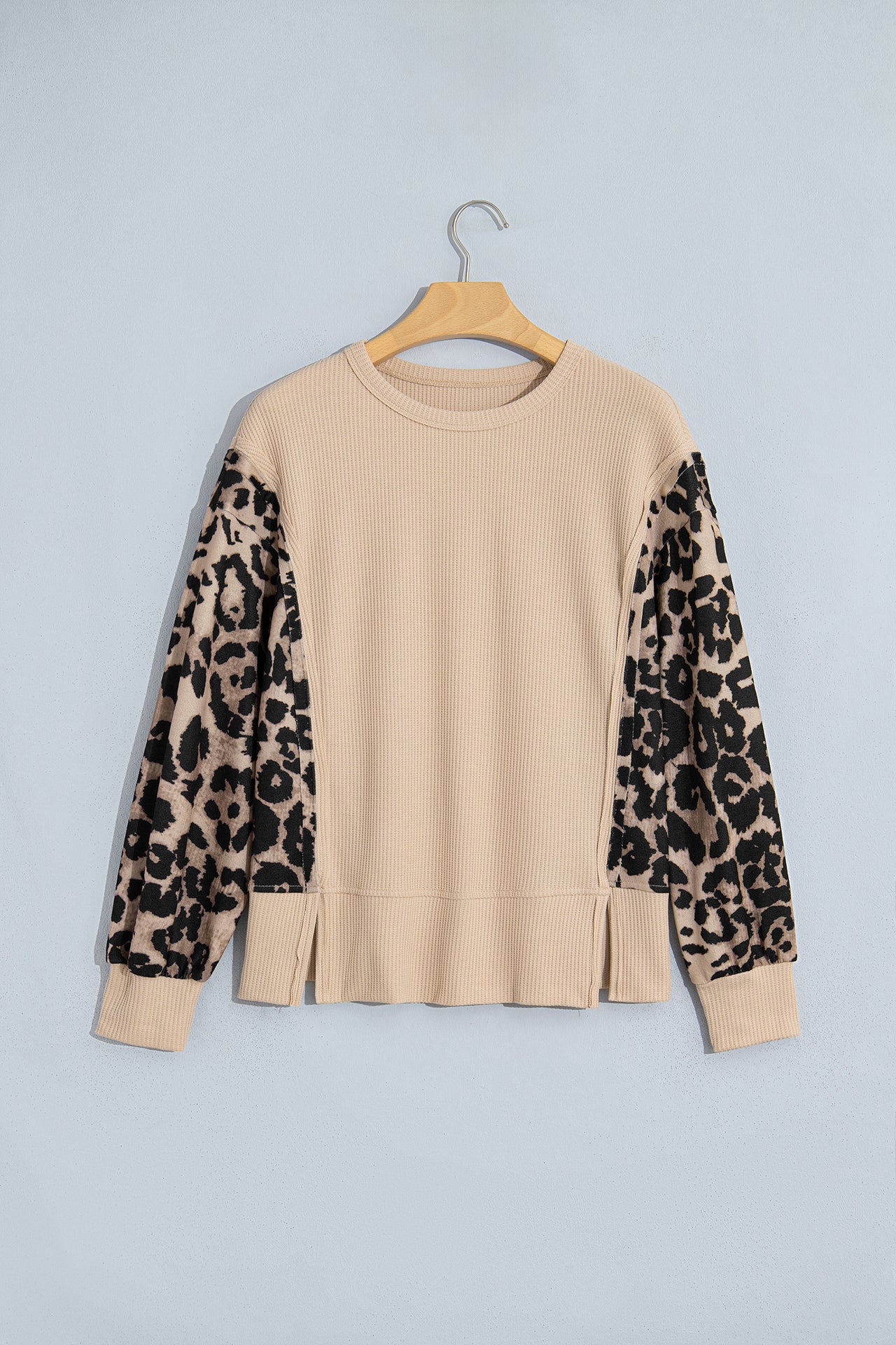 Gray Morn Leopard Sleeve Waffle Knit Split Hem Top