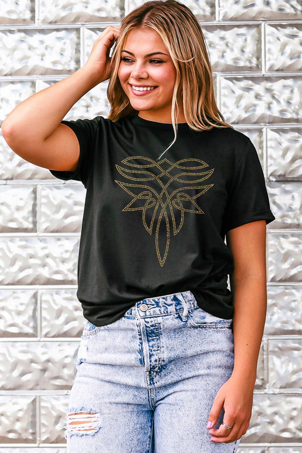 Black Rhinestone Western Graphic Tee with gold rhinestone western pattern on black soft cotton blend fabric