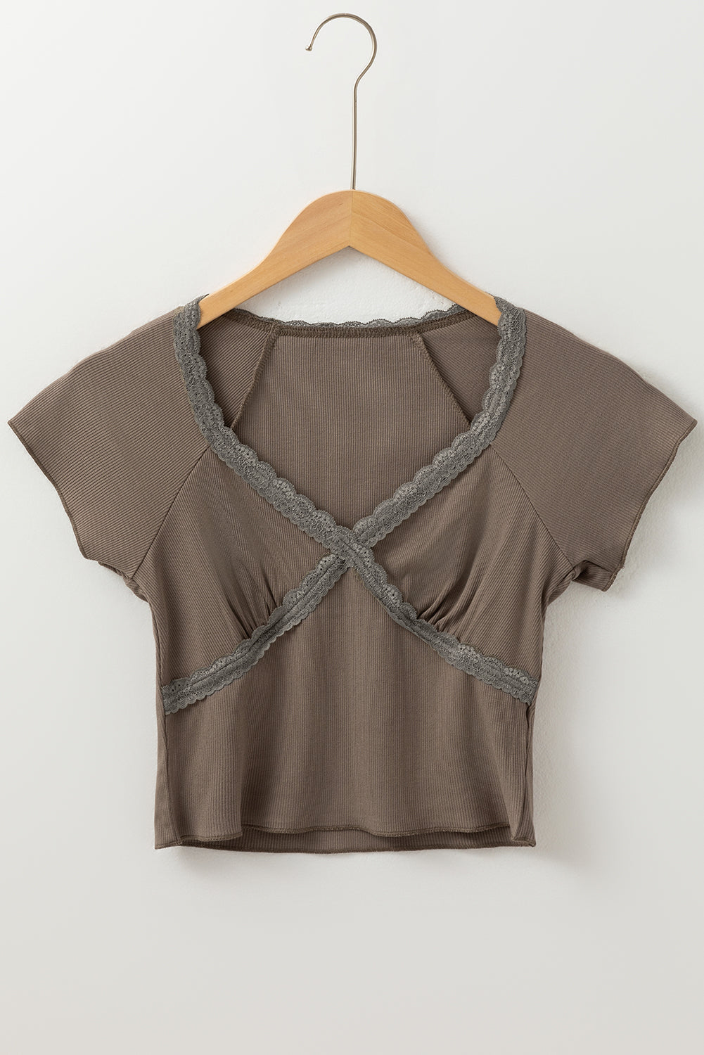 Brown Lace Trim Criss Cross V-Neck Top