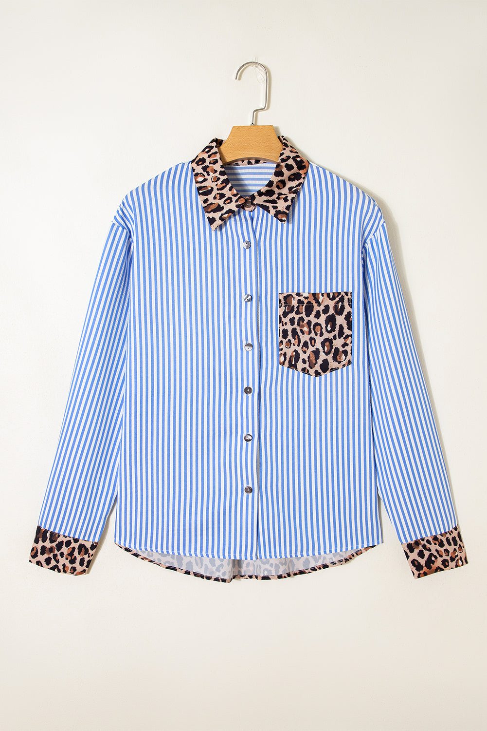 Button-up shirt with blue and white stripes, leopard print collar, cuffs, and chest pocket, styled as Racing Red.