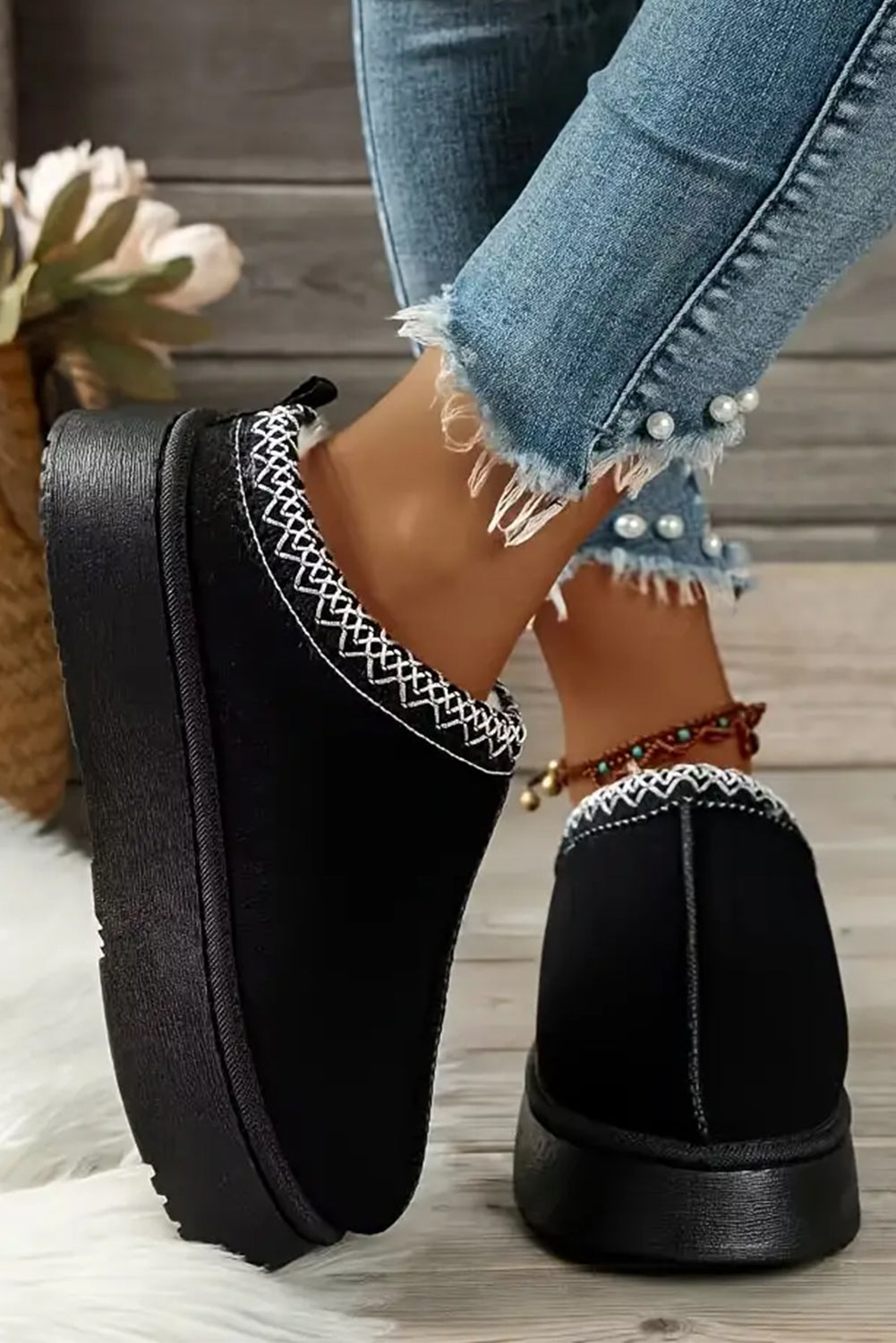 Black plush platform slippers, alternate view