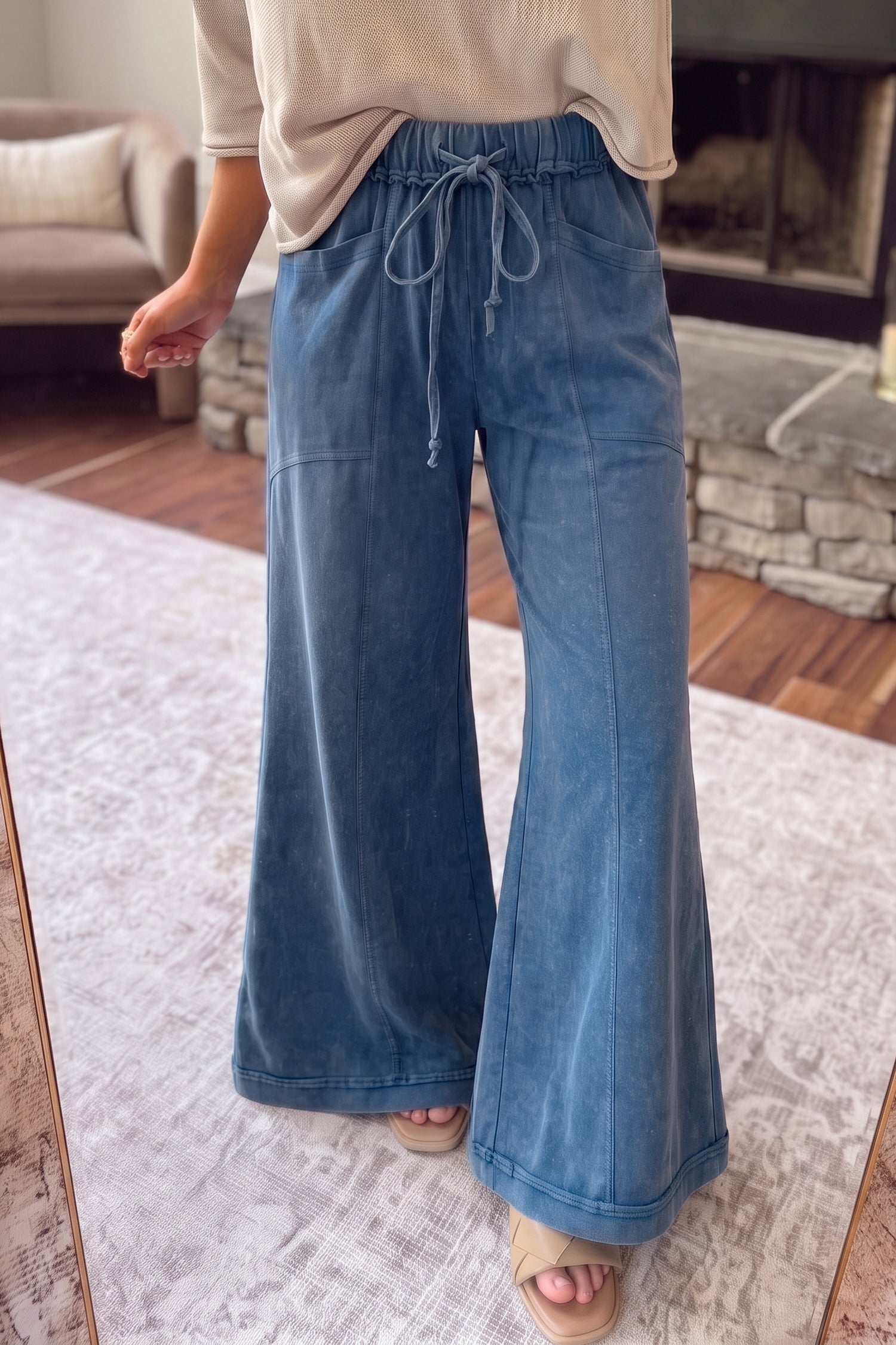 Blue Mineral Wash Flare Leg Drawstring Pants