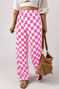 Women's pink two-tone checked high waist wide-leg pants