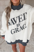 Beige Saved By Grace Print Color Block Mock Neck Oversized Sweatshirt Dear-Lover Dropshipping