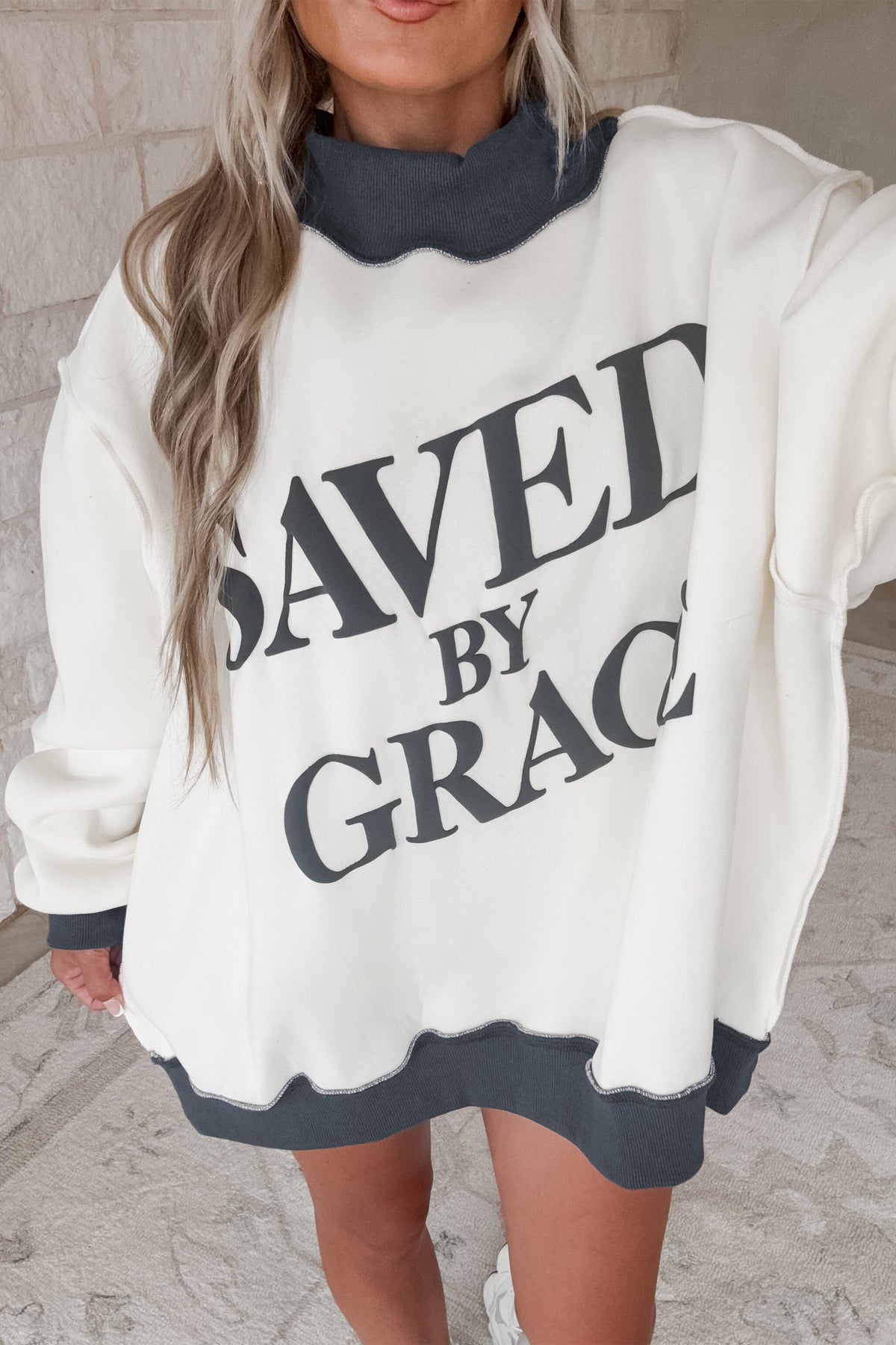 Beige Saved By Grace Print Color Block Mock Neck Oversized Sweatshirt Dear-Lover Dropshipping