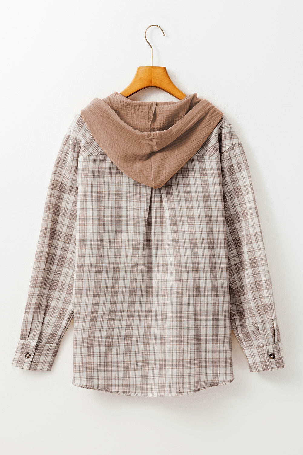 Khaki Checkered Print Loose Fit Buttoned Hooded Shacket Dear-Lover Dropshipping